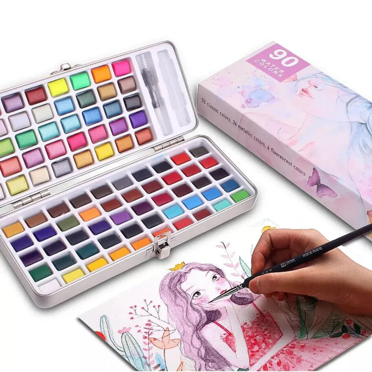 12-90 Watercolour Paint Set With Brush Painting Water Colour Kits - 90 Colours