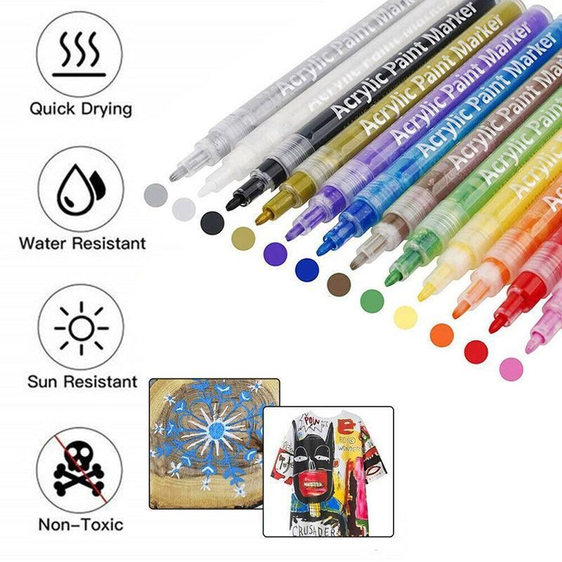 Flysea 12-80 Colours Acrylic Paint Pens Painting Stone Ceramic Glass Markers 0.7 - 80-Colour Set