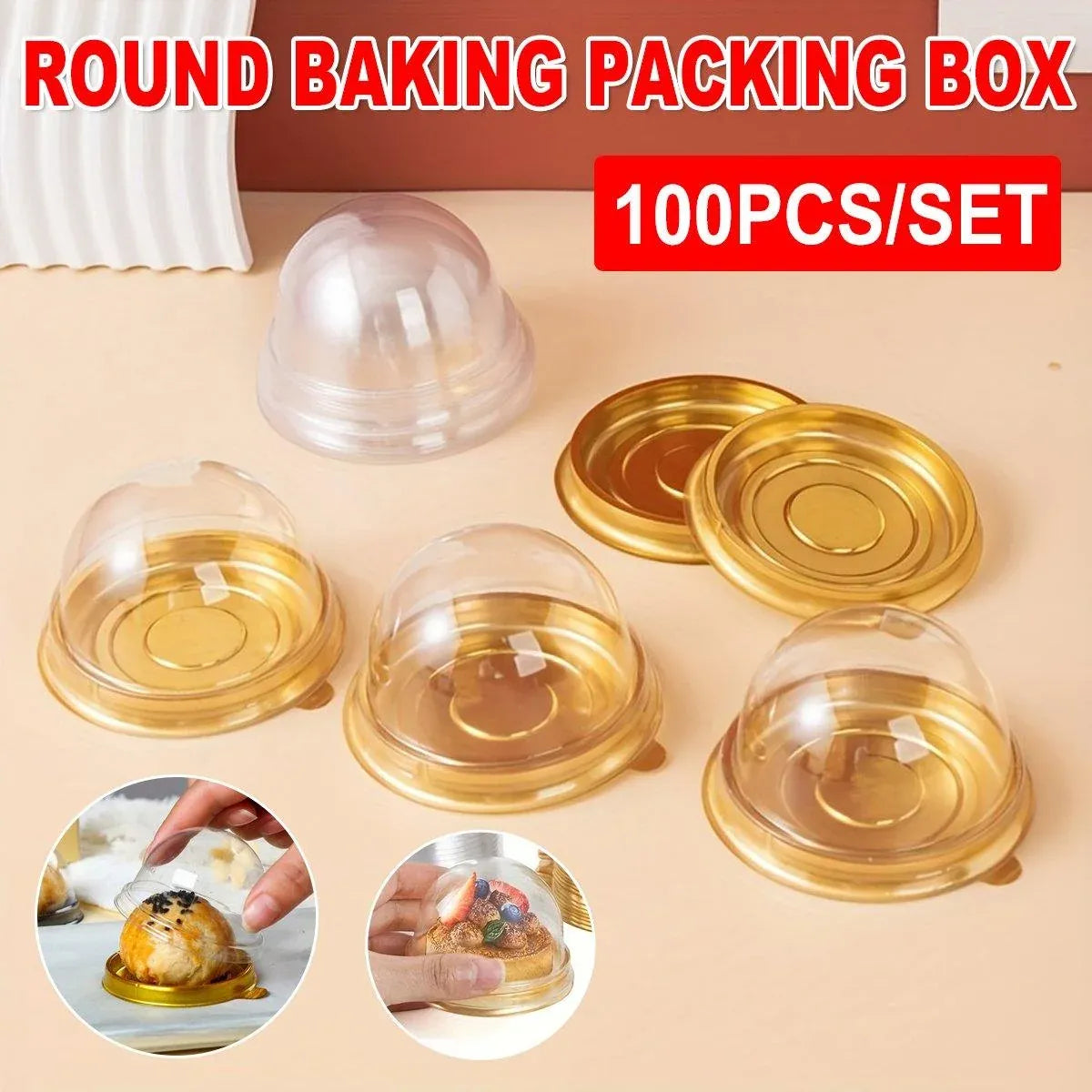 100pcs Round Gold Plastic Bakery Food Packaging Boxes for Cake Dessert Packaging