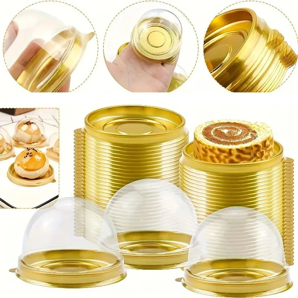100pcs Round Gold Plastic Bakery Food Packaging Boxes for Cake Dessert Packaging