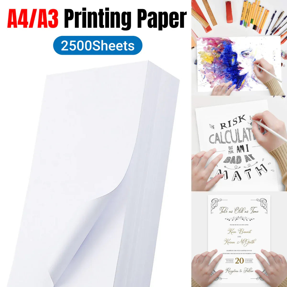 2500 Sheets A4/A3 Printing Paper Premium White No Ghosting for Home Office Use - A3