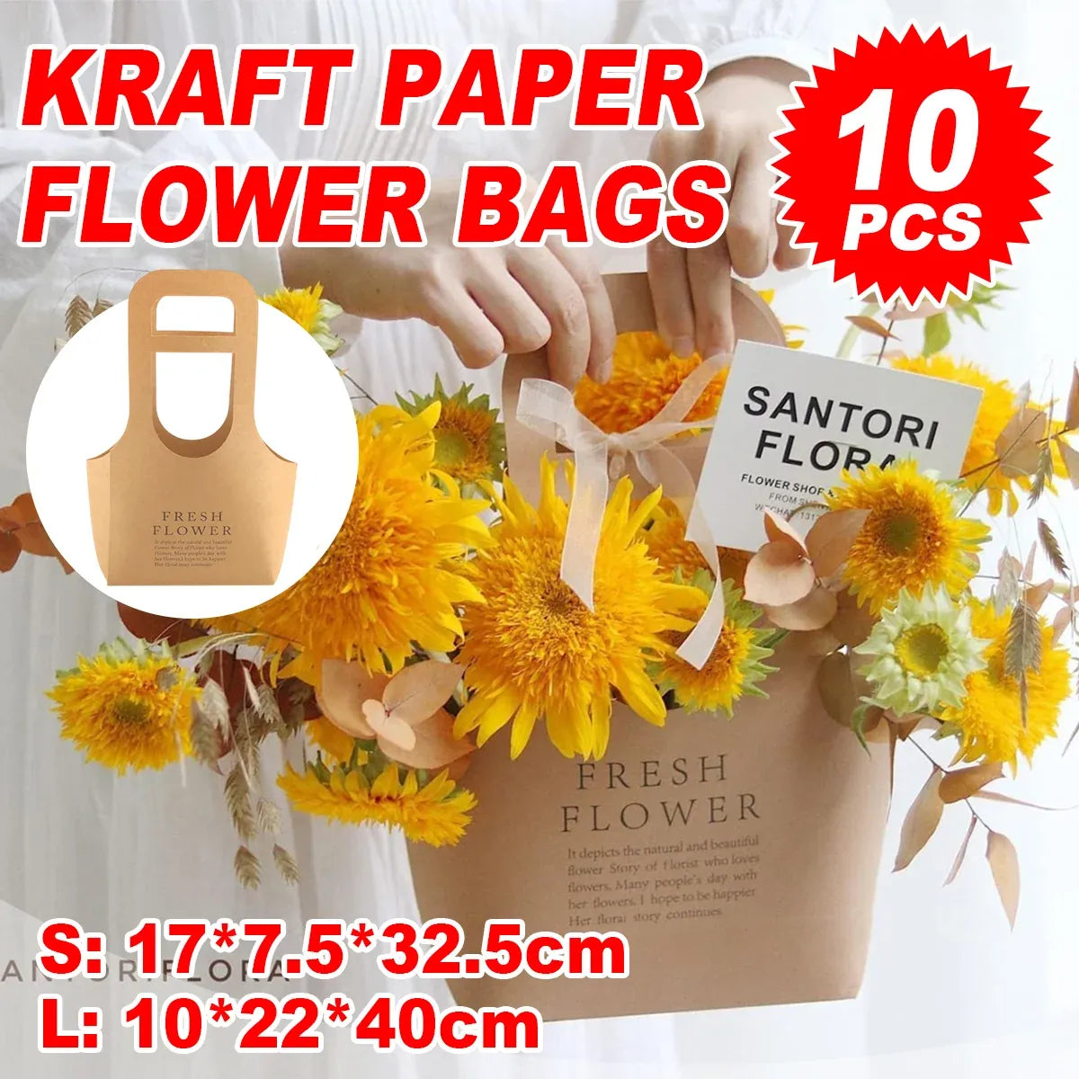 10PCS Handheld Kraft Paper Flower Gift Bags Natural Finish for Bouquets - S