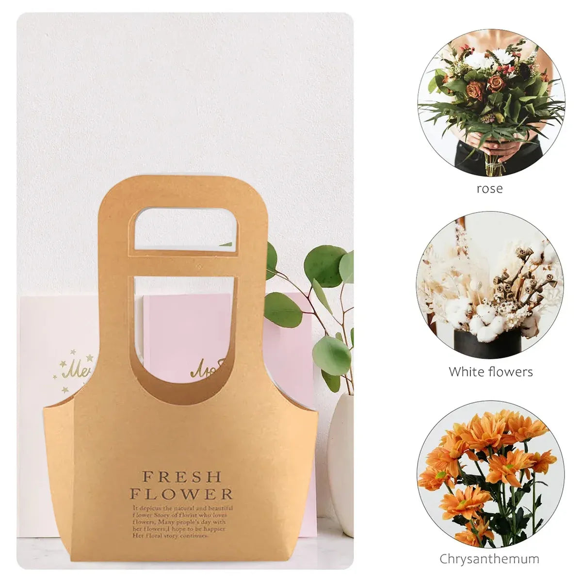 10PCS Handheld Kraft Paper Flower Gift Bags Natural Finish for Bouquets - S