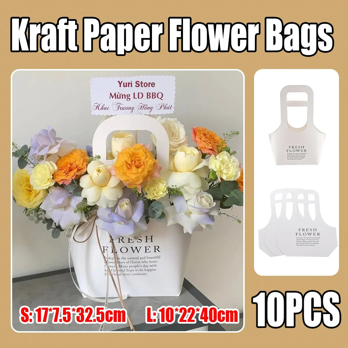 10PCS Handheld Kraft Paper Flower Bags for Bouquet Gift Wrapping - S