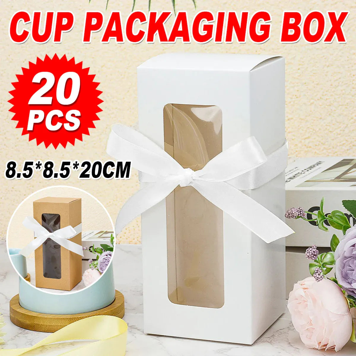 20PCS Cup Gift Boxes Sturdy with Clear Window Aesthetic for Coffee Cup Packaging - Kraft