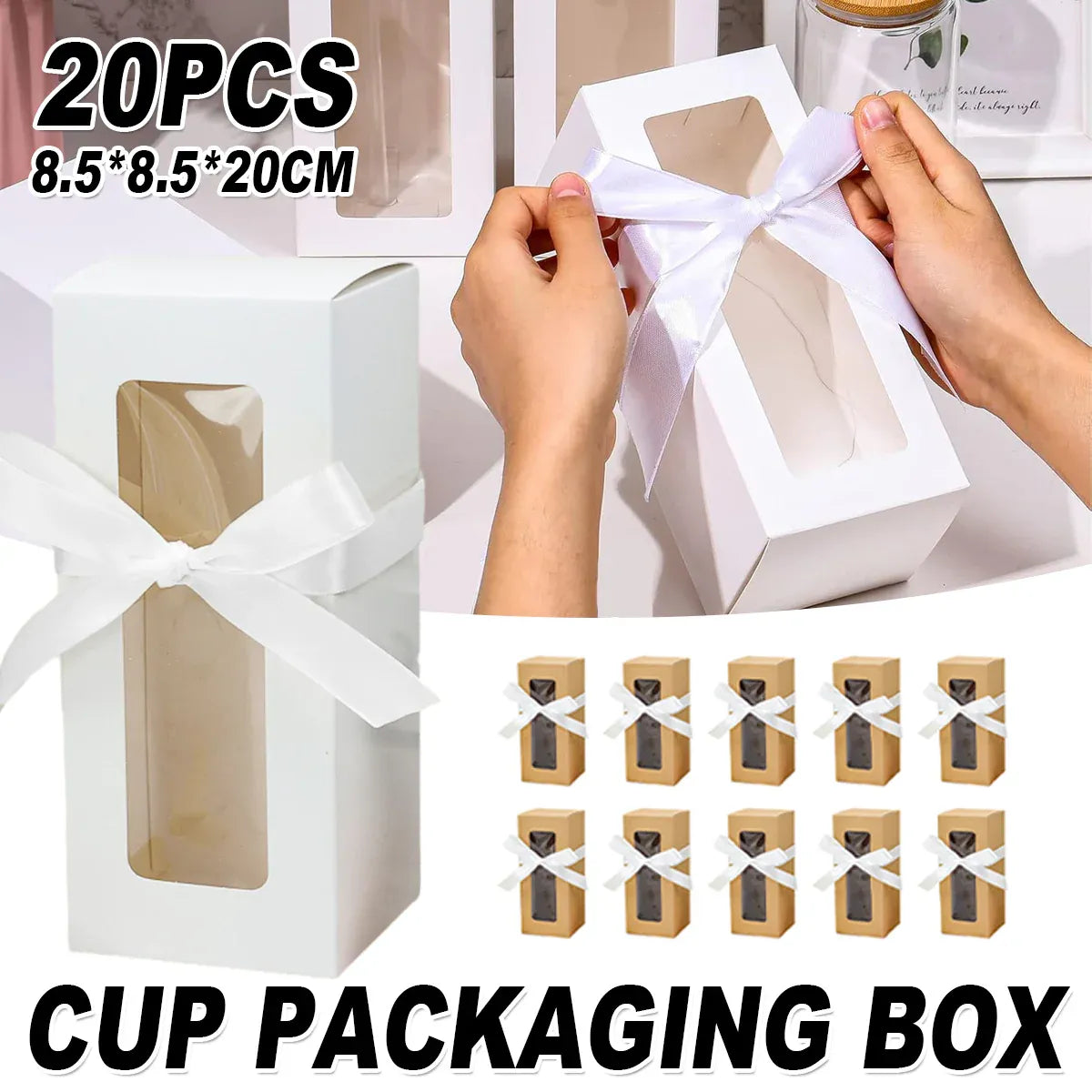 20PCS Cup Gift Boxes Sturdy with Clear Window Aesthetic for Coffee Cup Packaging - White