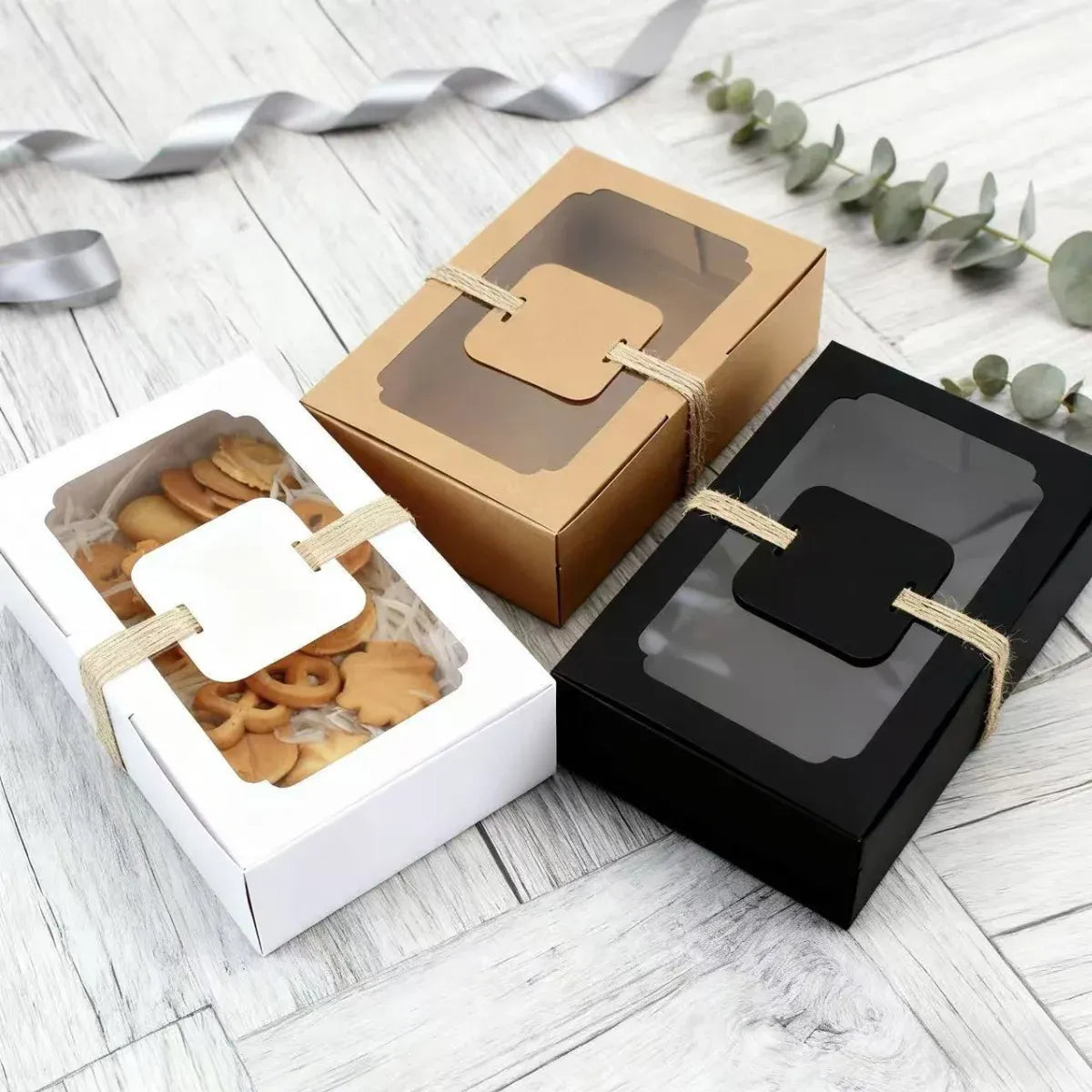 24PCS Kraft Candy Box with Clear Window Easy to Assemble Durable Gift Boxes - White