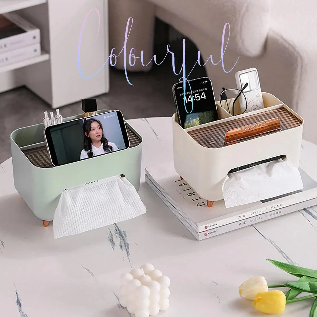 Tissue Box Dispenser Storage Box Napkin Case Remote Control Box Multi-Function - White