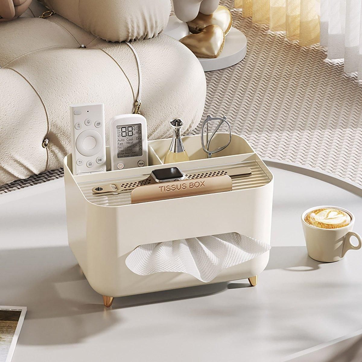 Tissue Box Dispenser Storage Box Napkin Case Remote Control Box Multi-Function - White