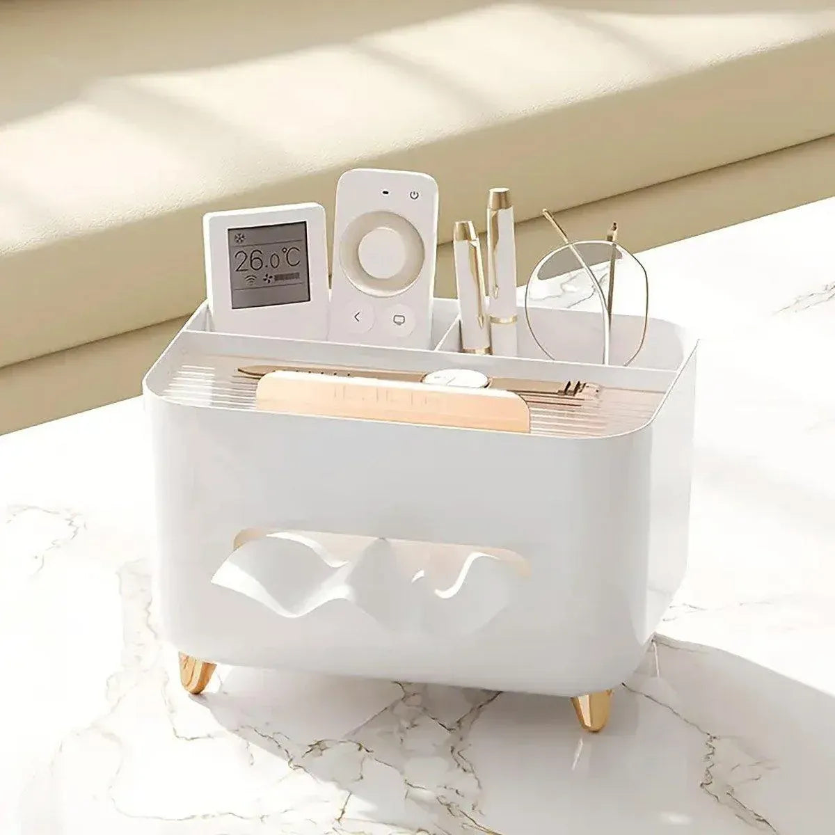 Tissue Box Dispenser Storage Box Napkin Case Remote Control Box Multi-Function - White