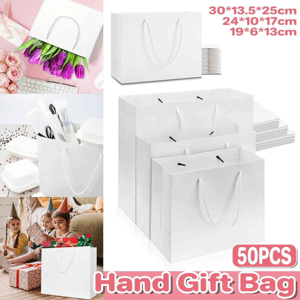 50PCS Kraft Paper Gift Bags Custom Blank Shopping Handbags for Garment Packaging - 13x19x6cm