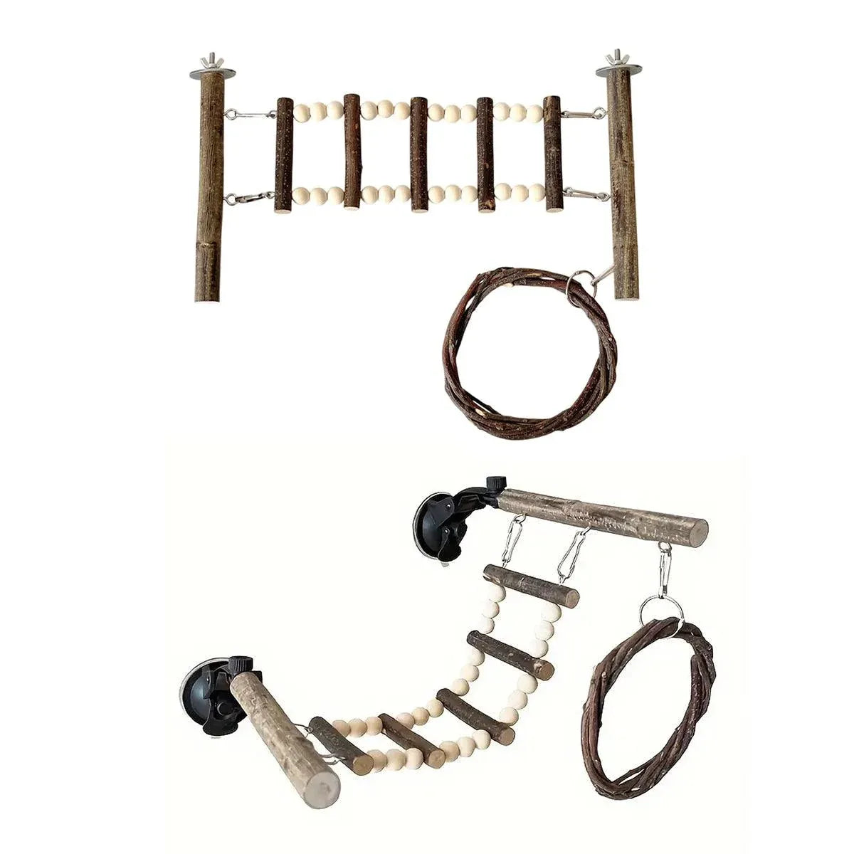 Wooden Parrot Stand Climbing Ladder Swing Toy for Birds Cage Play Accessories - Suction Cup Type