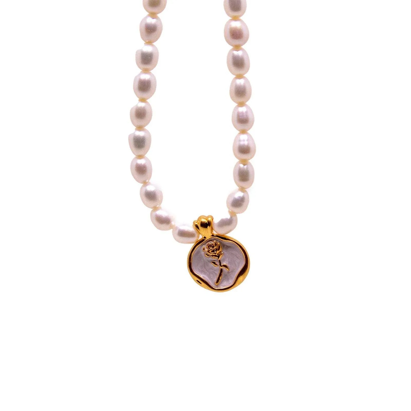 Vintage Bohemian Floral Round Pendant Necklace Women Fashion Chain Jewelry - Pearl-Rose