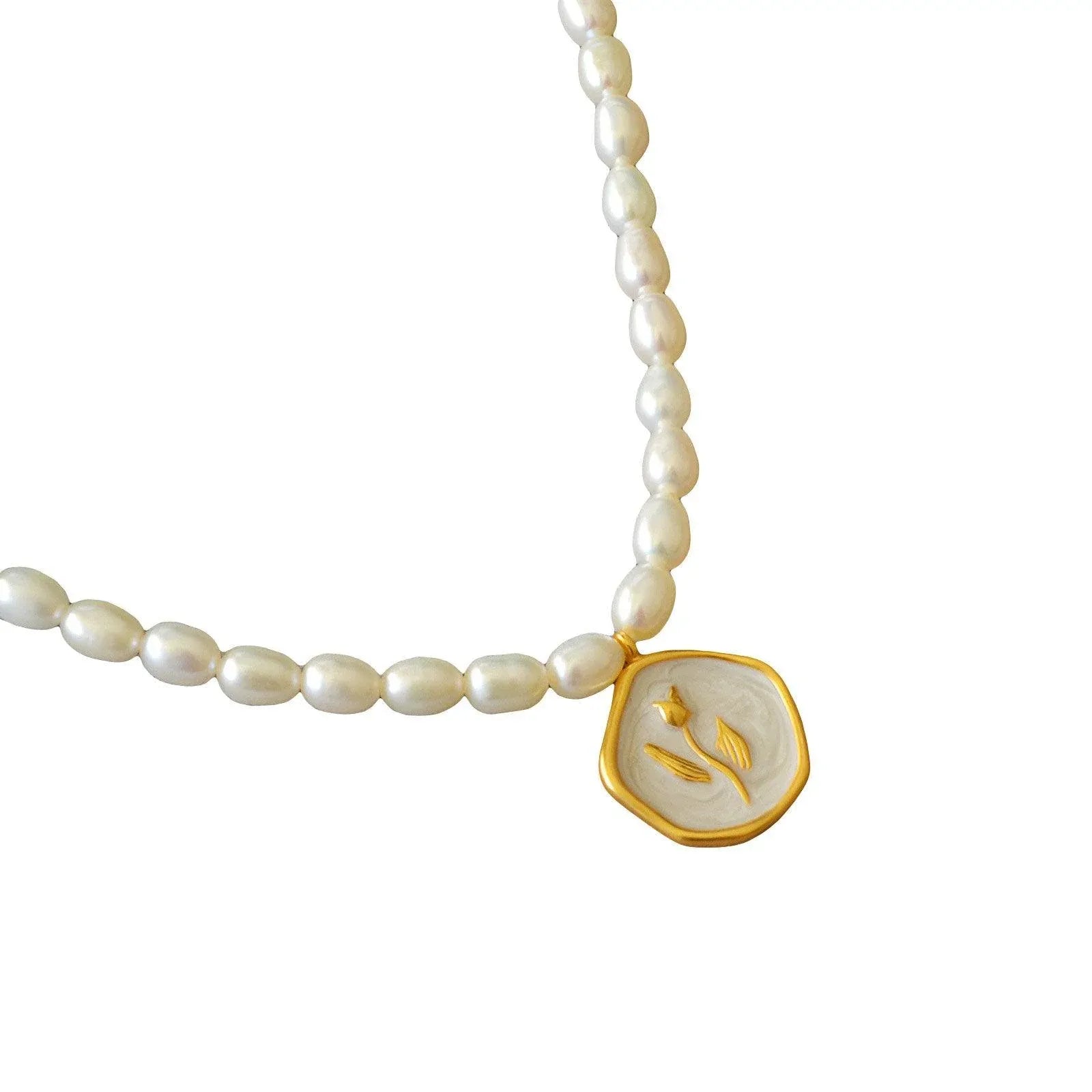 Vintage Bohemian Floral Round Pendant Necklace Women Fashion Chain Jewelry - Pearl-Tulip