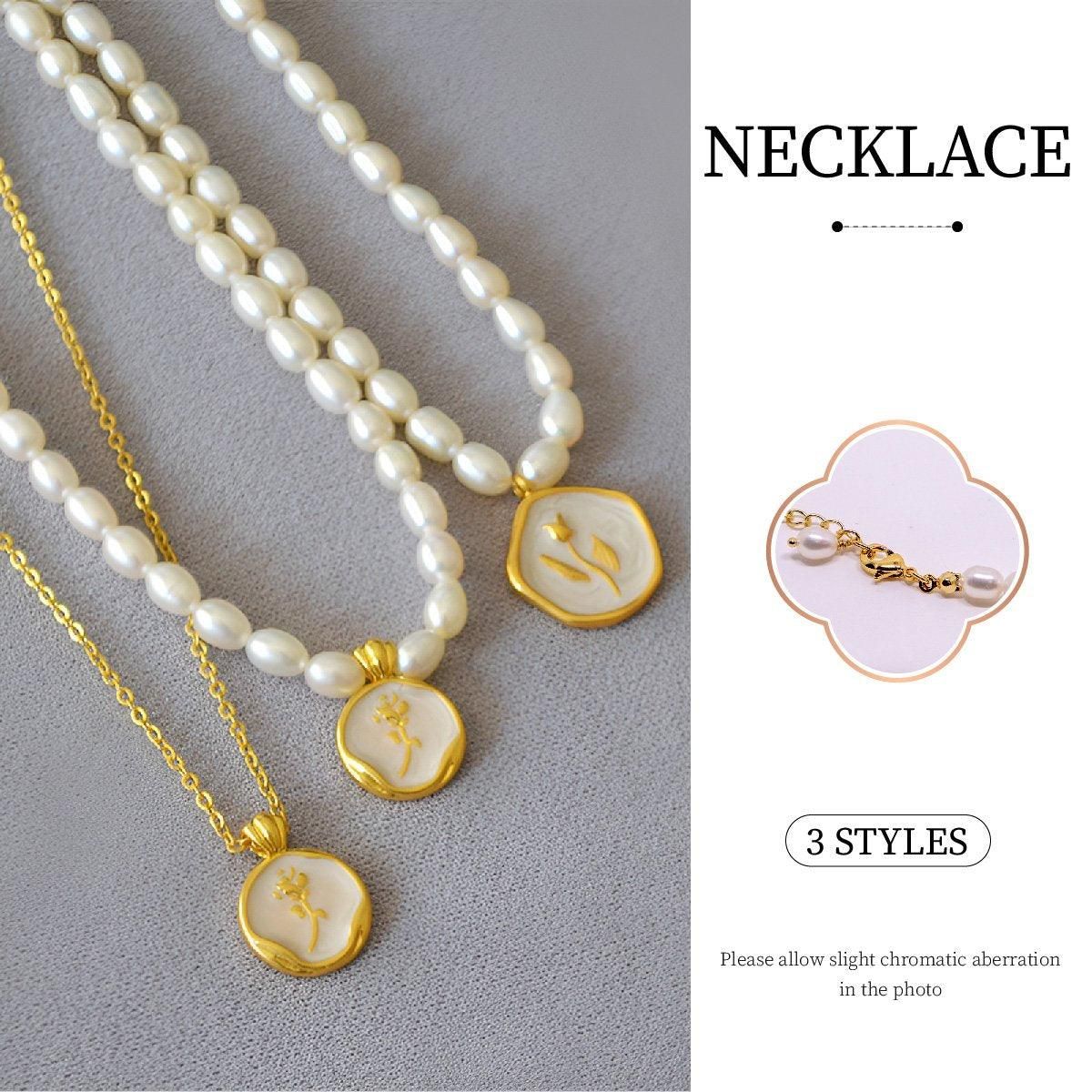 Vintage Bohemian Floral Round Pendant Necklace Women Fashion Chain Jewelry - Pearl-Tulip