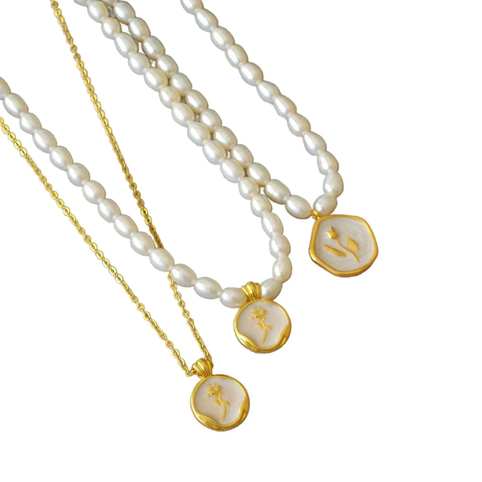 Vintage Bohemian Floral Round Pendant Necklace Women Fashion Chain Jewelry - Pearl-Tulip