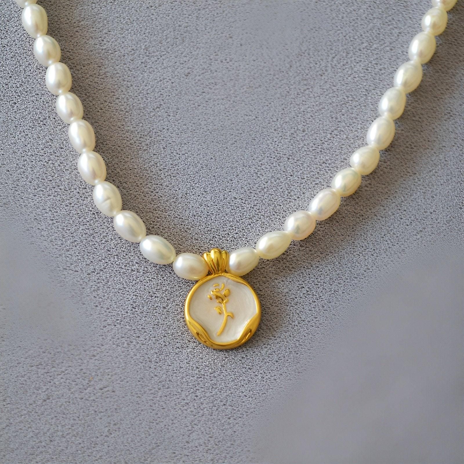Vintage Bohemian Floral Round Pendant Necklace Women Fashion Chain Jewelry - Pearl-Tulip