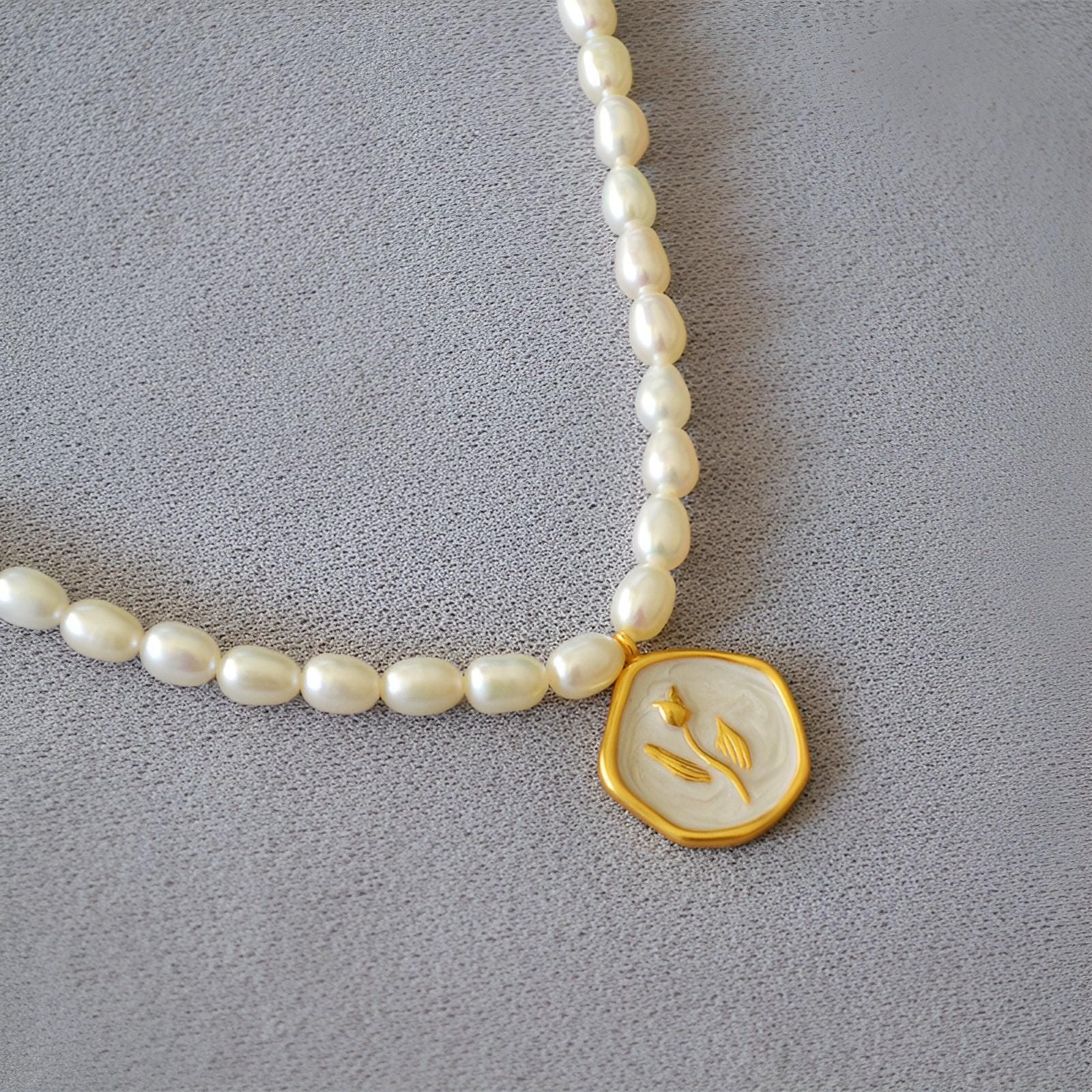 Vintage Bohemian Floral Round Pendant Necklace Women Fashion Chain Jewelry - Pearl-Tulip