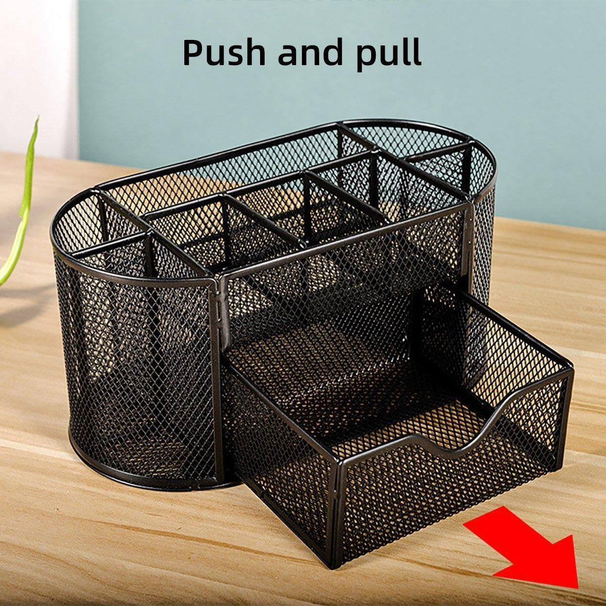 Creative Metal Desktop Pen Holder Multi-function Storage Box Organizer Rack - Blue