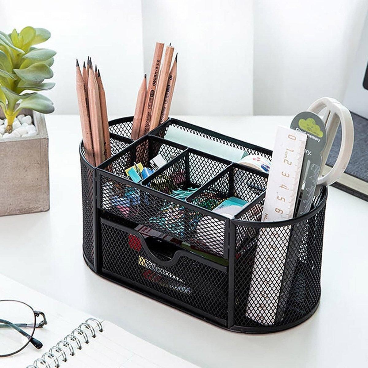 Creative Metal Desktop Pen Holder Multi-function Storage Box Organizer Rack - Blue