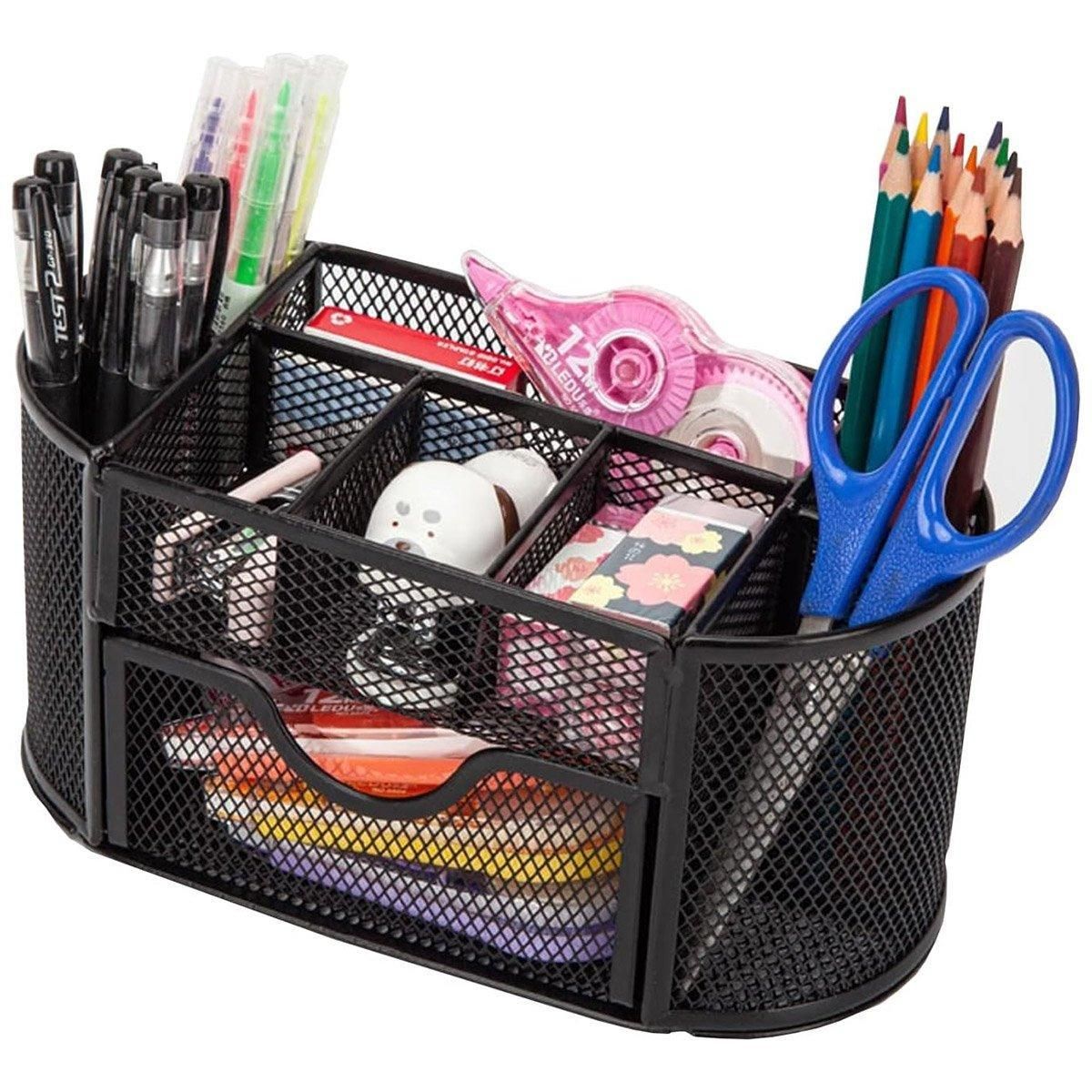 Creative Metal Desktop Pen Holder Multi-function Storage Box Organizer Rack - Blue