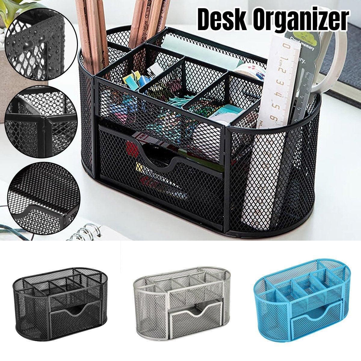 Creative Metal Desktop Pen Holder Multi-function Storage Box Organizer Rack - Blue