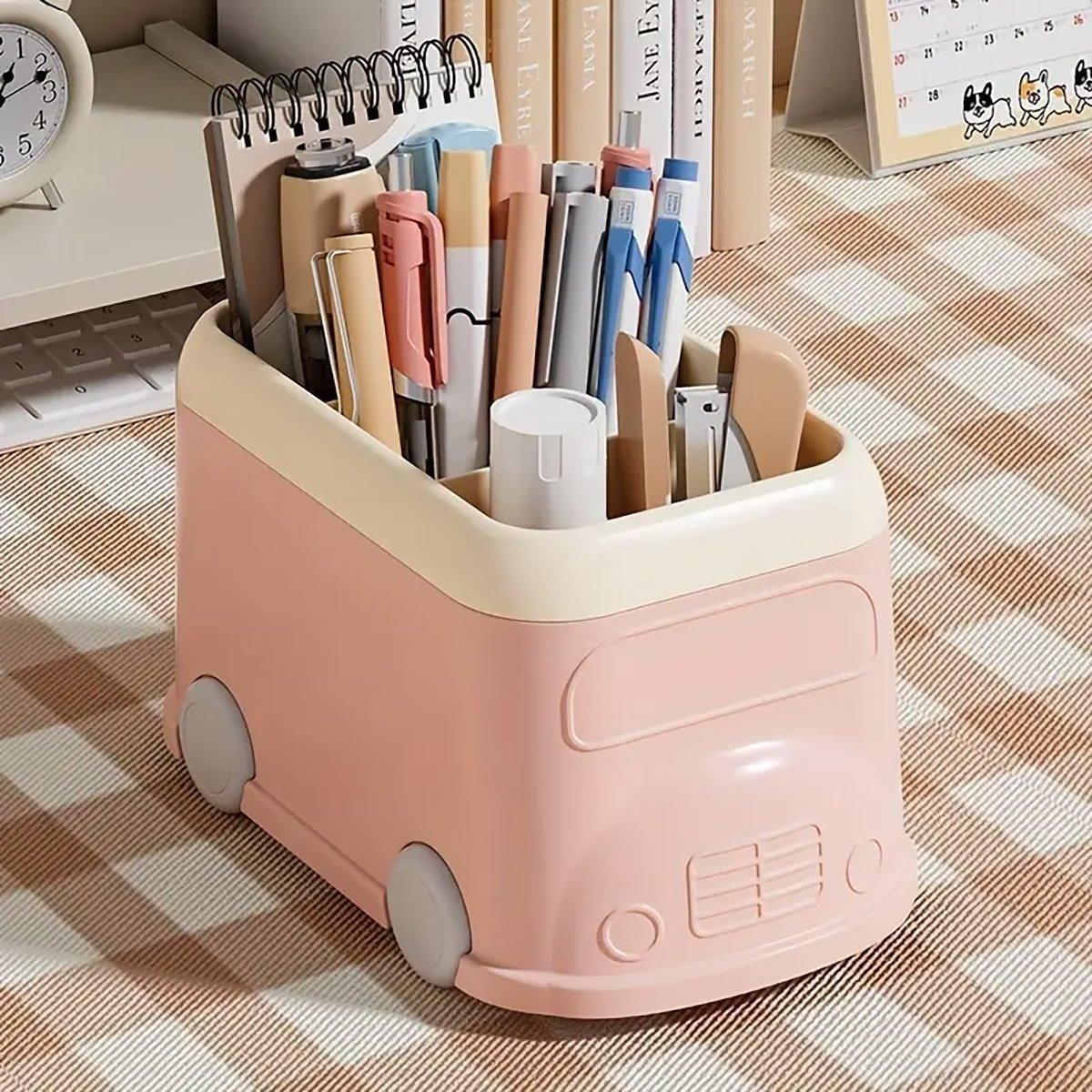 Cartoon Desktop Pen Holder Multi-Compartment Stationery Organizer Storage Box - Blue