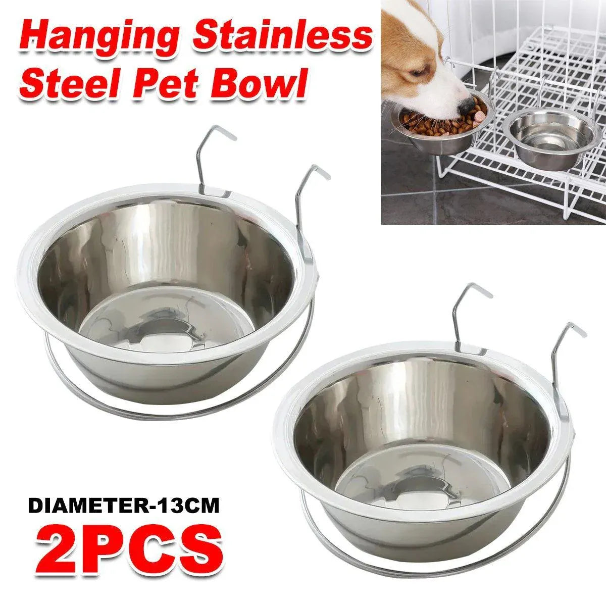 2PCS Pet Bowl Dog Food Cage Crate Water 13CM Hang-on Stainless Steel Metal Cat