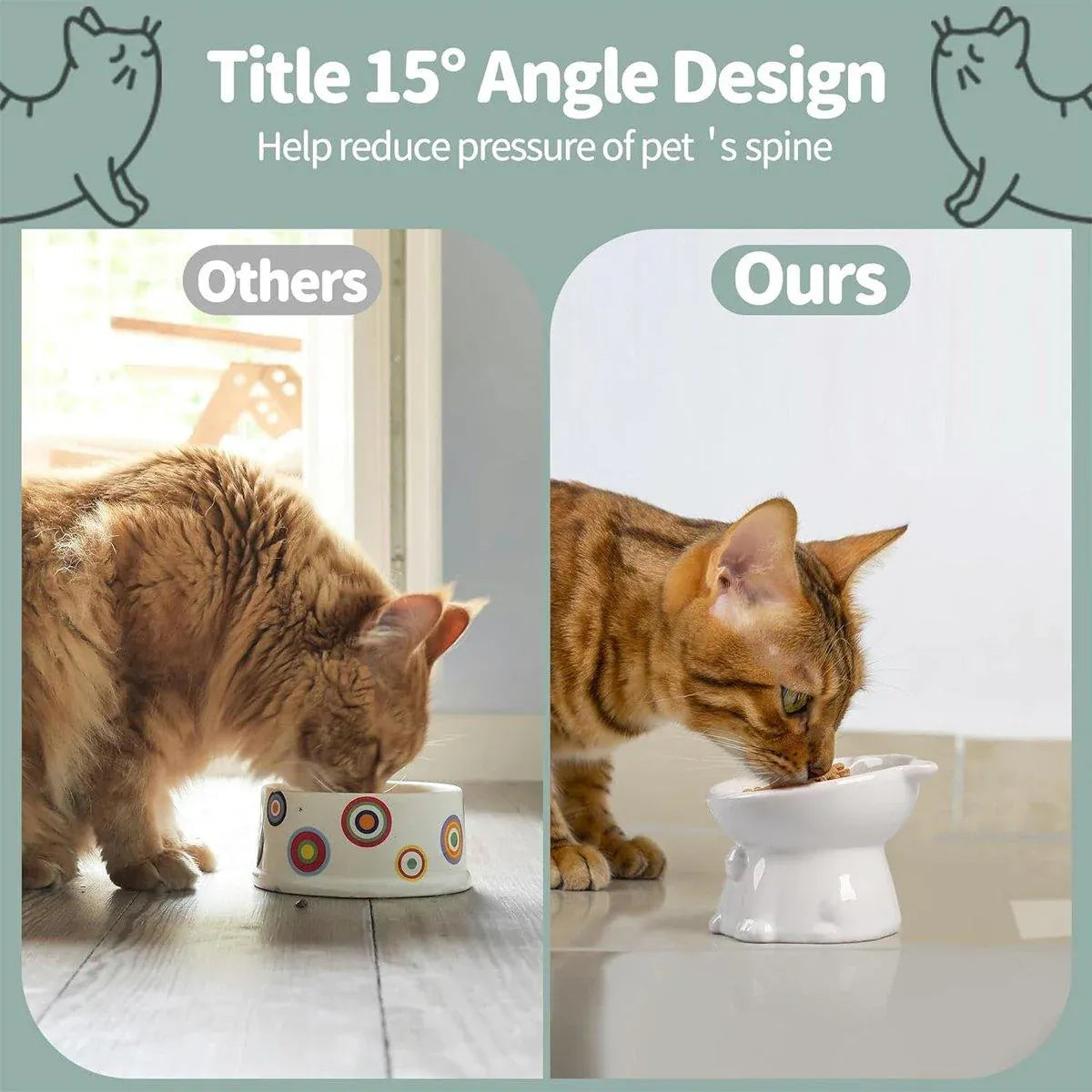 Ceramic Cat Bowl Cute Tall Raised Cat Food Bowl for Pets Eating Comfortably - White