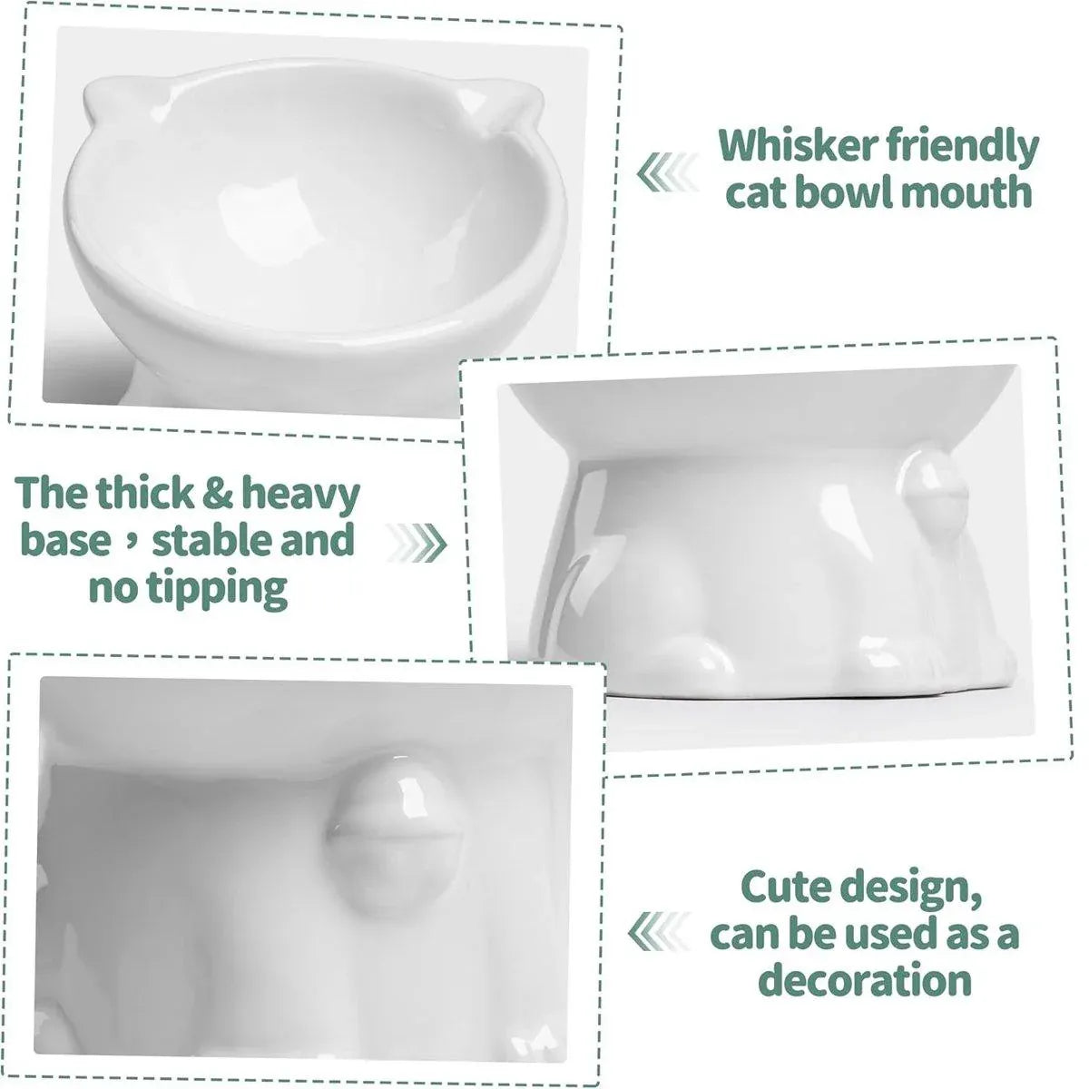 Ceramic Cat Bowl Cute Tall Raised Cat Food Bowl for Pets Eating Comfortably - White
