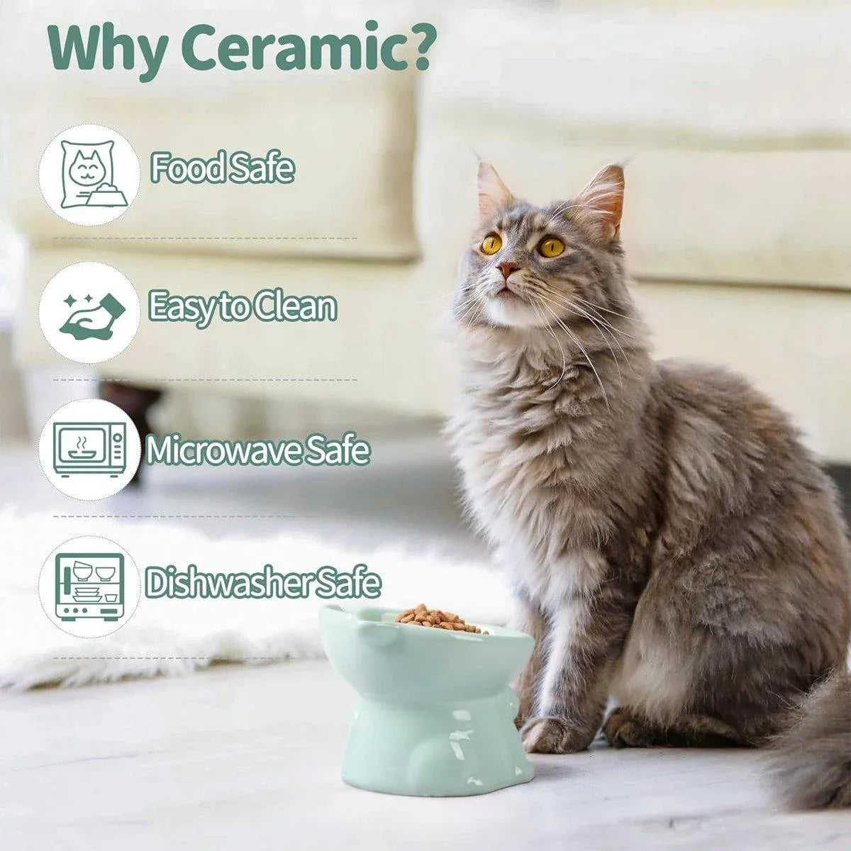 Ceramic Cat Bowl Cute Tall Raised Cat Food Bowl for Pets Eating Comfortably - White