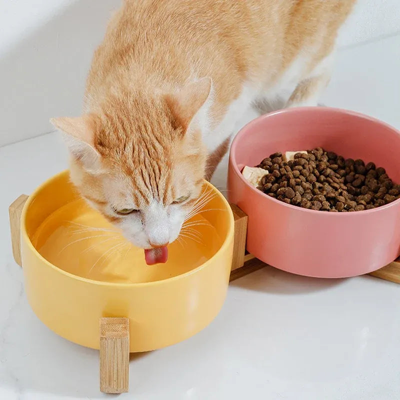 Ceramic Pet Bowl Double Cat Food Bowl Dog Water Bowl Feeding Drinking Bowl Set - Black