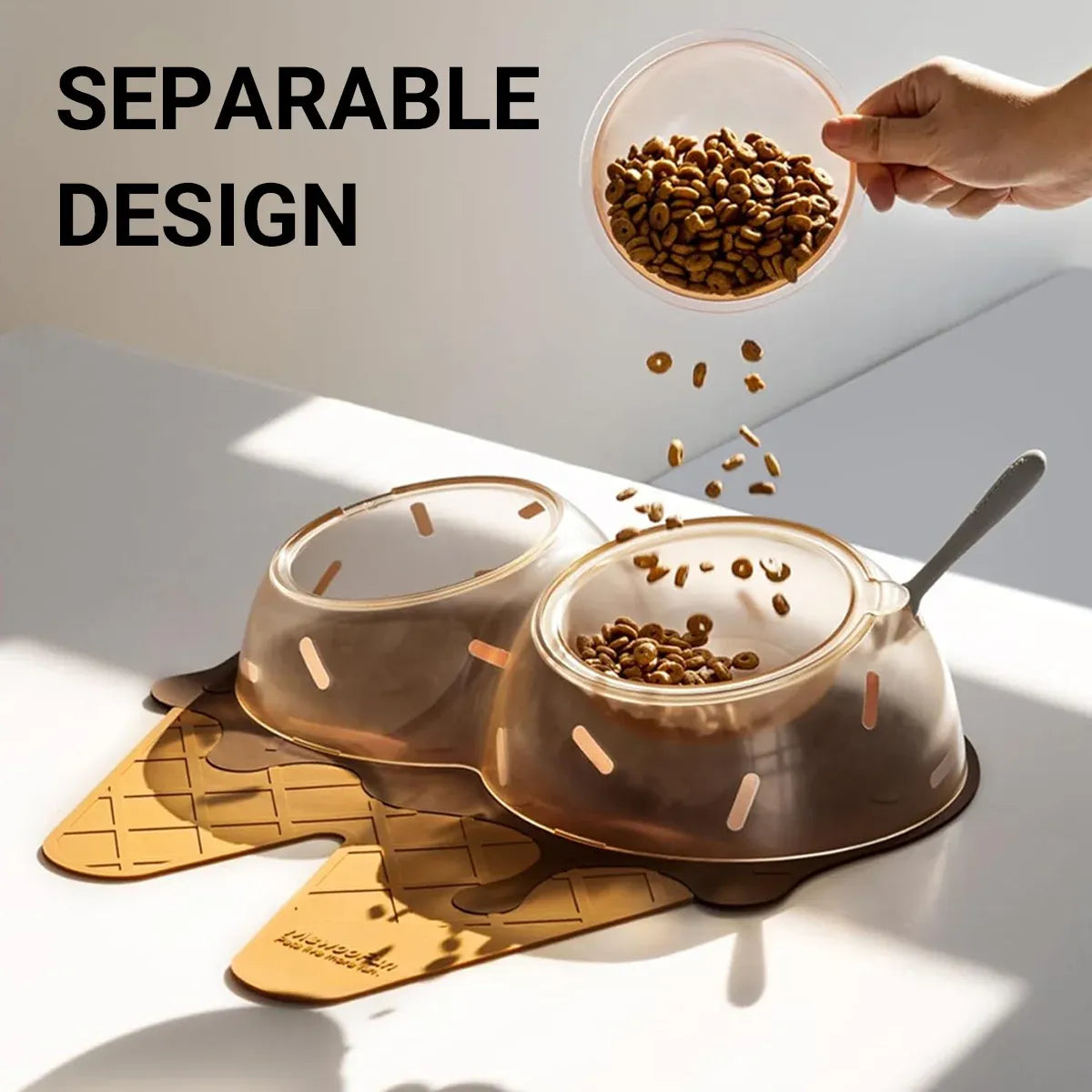 Detachable Ice Cream Shaped Bowls Pet Set Feeding Mat Spoon Cats Small Dogs - Brown