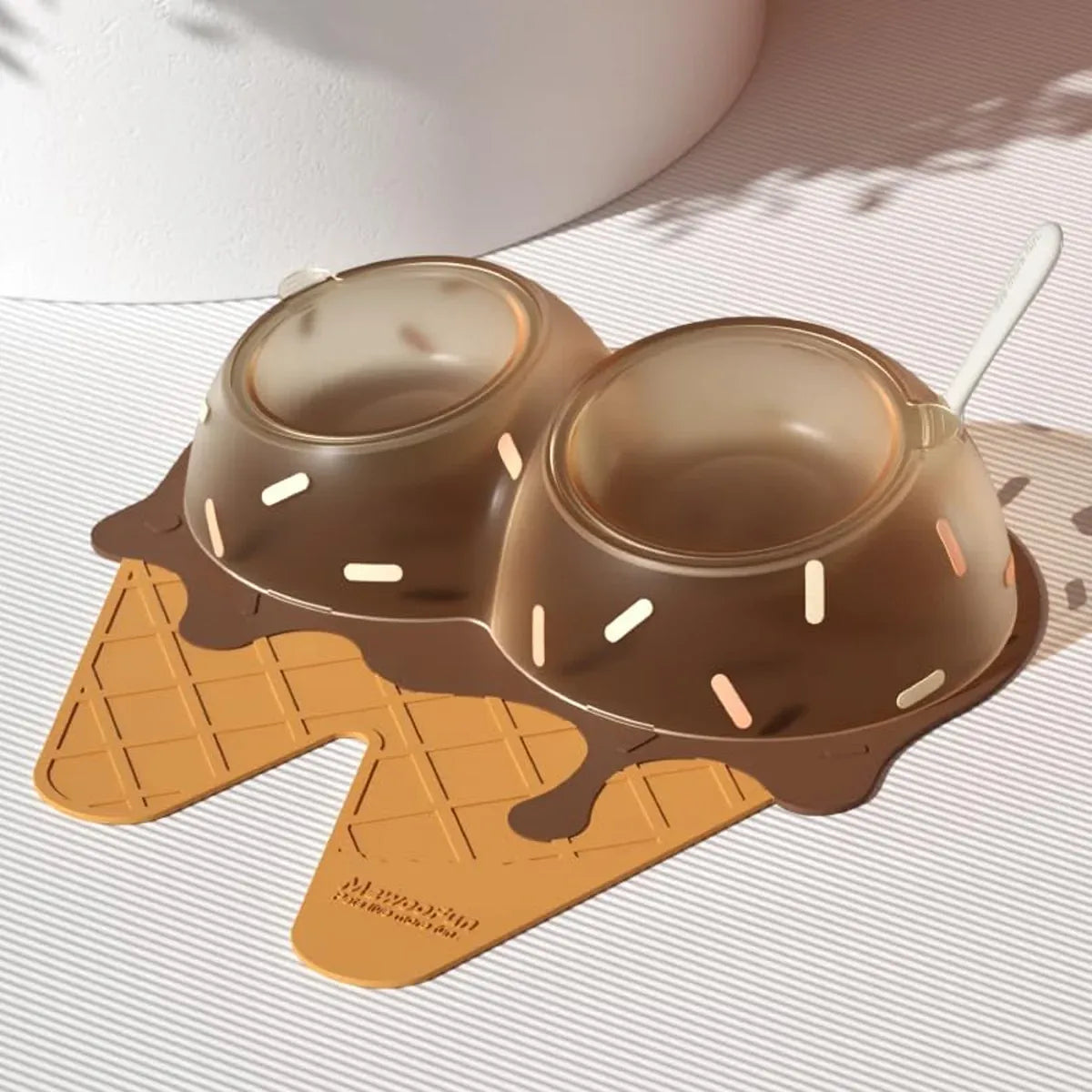 Detachable Ice Cream Shaped Bowls Pet Set Feeding Mat Spoon Cats Small Dogs - Brown
