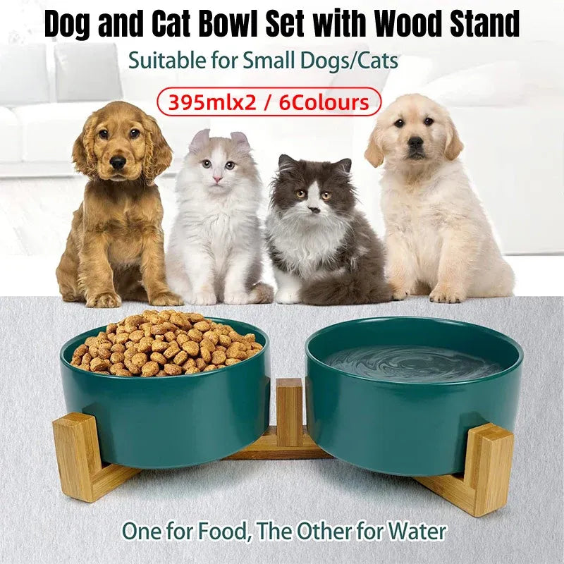 Ceramic Pet Bowl Double Cat Food Bowl Dog Water Bowl Feeding Drinking Bowl Set - Green