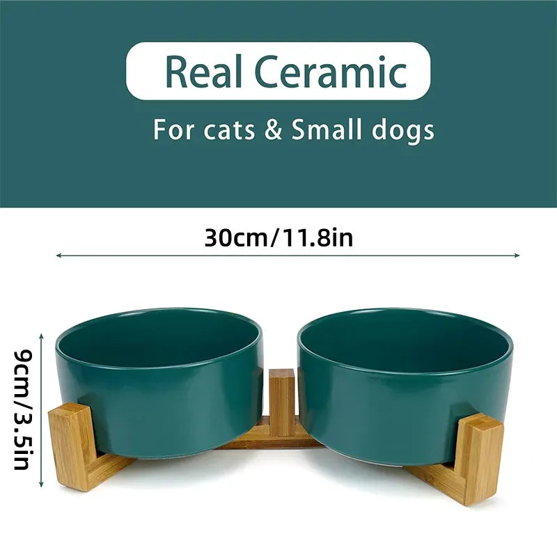 Ceramic Pet Bowl Double Cat Food Bowl Dog Water Bowl Feeding Drinking Bowl Set - Green