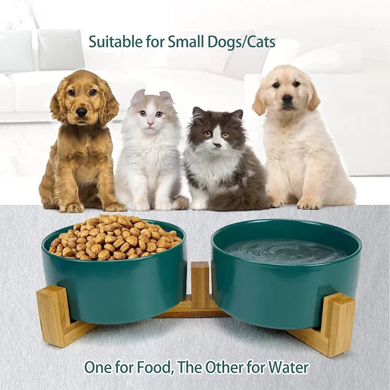 Ceramic Pet Bowl Double Cat Food Bowl Dog Water Bowl Feeding Drinking Bowl Set - Green