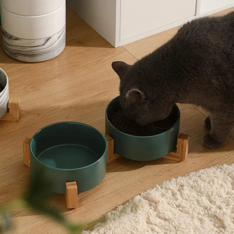 Ceramic Pet Bowl Double Cat Food Bowl Dog Water Bowl Feeding Drinking Bowl Set - Green
