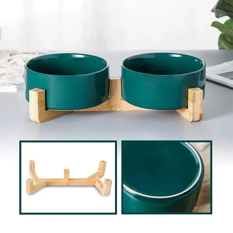 Ceramic Pet Bowl Double Cat Food Bowl Dog Water Bowl Feeding Drinking Bowl Set - Green