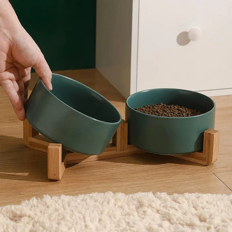 Ceramic Pet Bowl Double Cat Food Bowl Dog Water Bowl Feeding Drinking Bowl Set - Green
