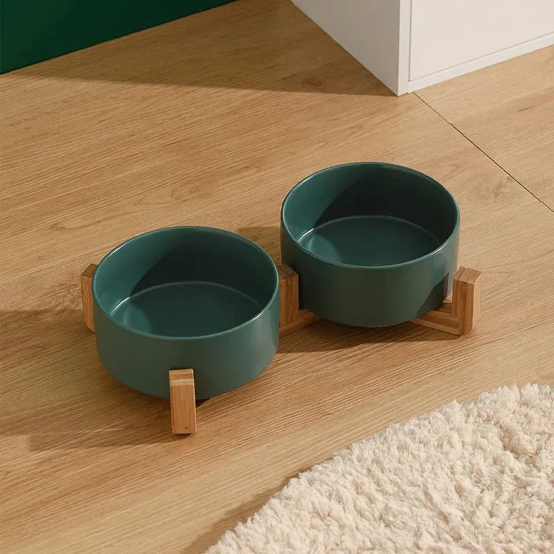 Ceramic Pet Bowl Double Cat Food Bowl Dog Water Bowl Feeding Drinking Bowl Set - Green