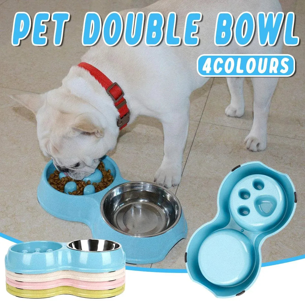 Dog Slow Feeder Double Bowl Pet Food and Water Dish - Pink