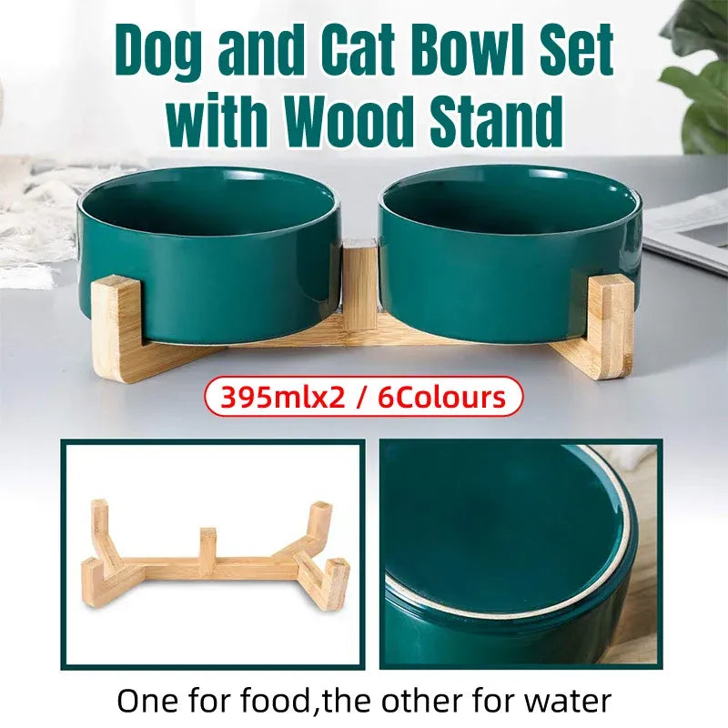 Ceramic Pet Bowl Double Cat Food Bowl Dog Water Bowl Feeding Drinking Bowl Set - White