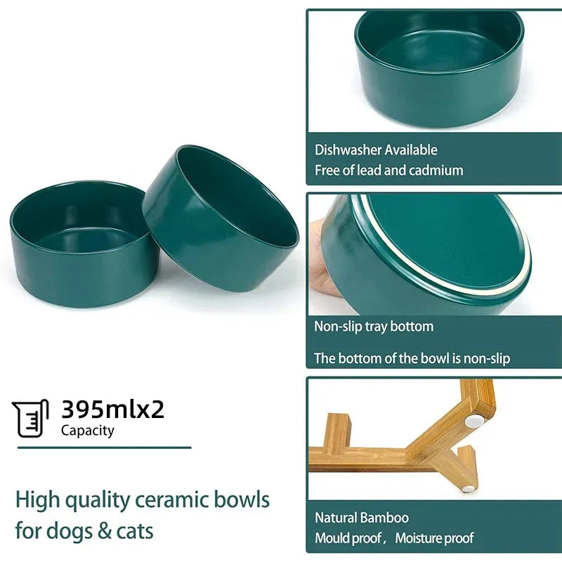Ceramic Pet Bowl Double Cat Food Bowl Dog Water Bowl Feeding Drinking Bowl Set - Yellow