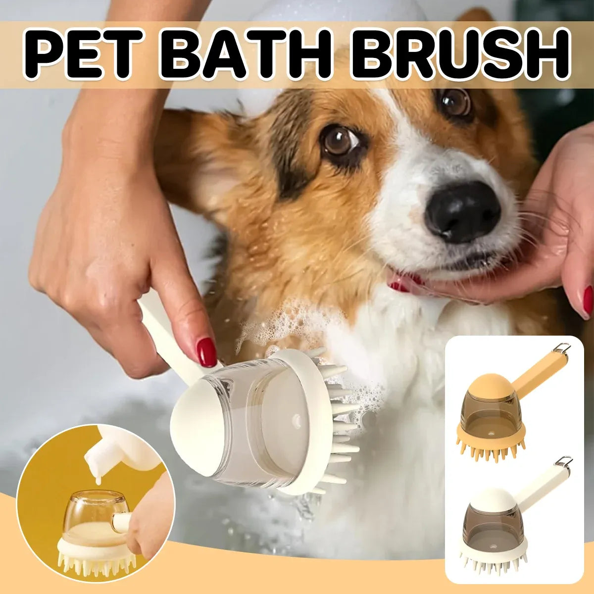 Pet Bath Brush Dog Massage Brush Press to Dispense Liquid Pet Grooming Tools - Beige