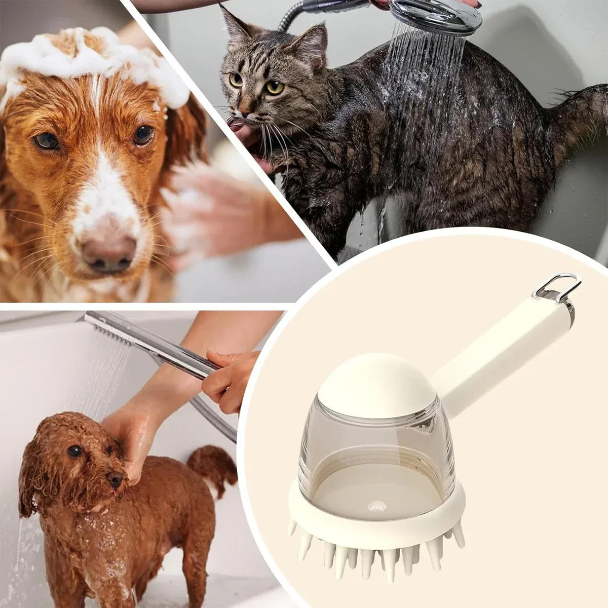 Pet Bath Brush Dog Massage Brush Press to Dispense Liquid Pet Grooming Tools - Beige