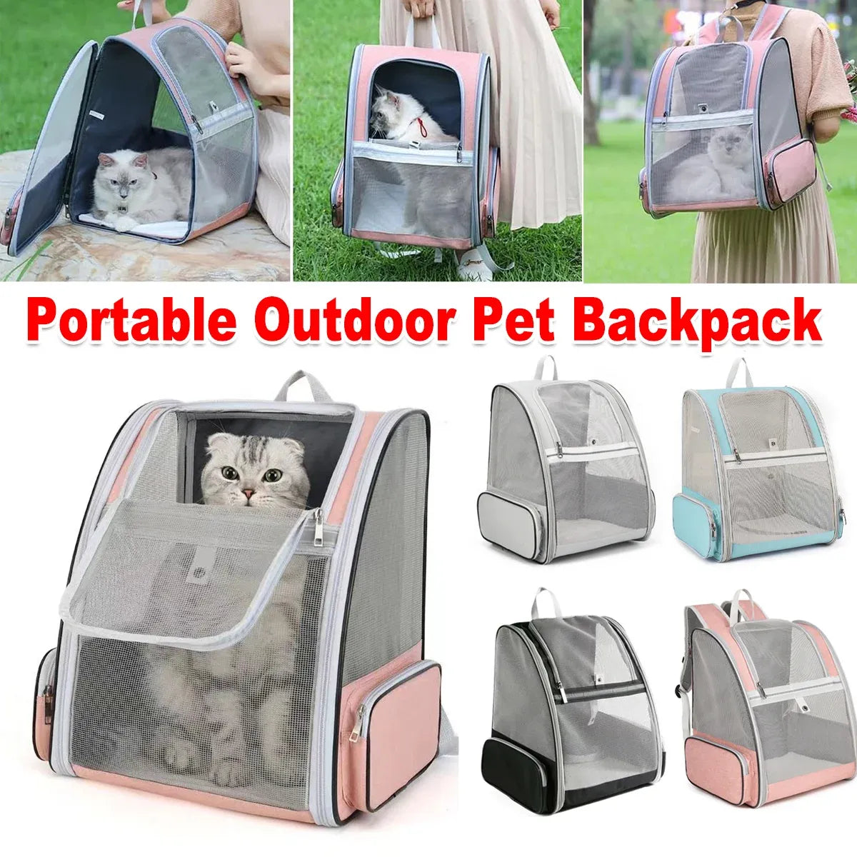 Large Foldable Breathable Portable Cat Dog Bag Outdoor Shoulder Pet Backpack - Blue