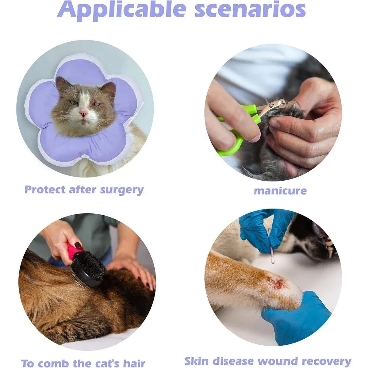Elizabethan Cat Recovery Collar Anti Licking Pet Cone Protective Neck Ring - Purple-L