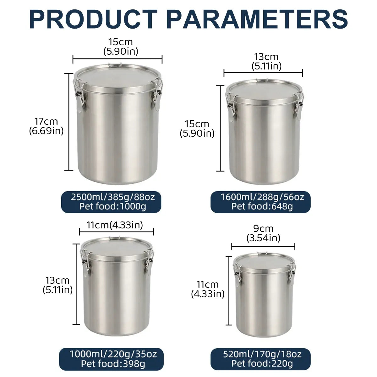 Stainless Steel Pet Food Storage Bucket Dog Cat Grain Container Bin Kitchen - 1600ml
