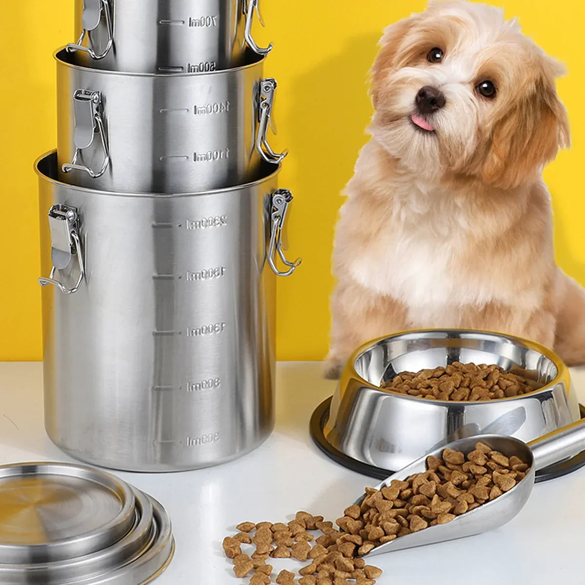 Stainless Steel Pet Food Storage Bucket Dog Cat Grain Container Bin Kitchen - 2500ml